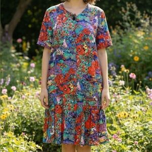 VINTAGE 80s Liz Claiborne Impressionist Drop Waist Dress